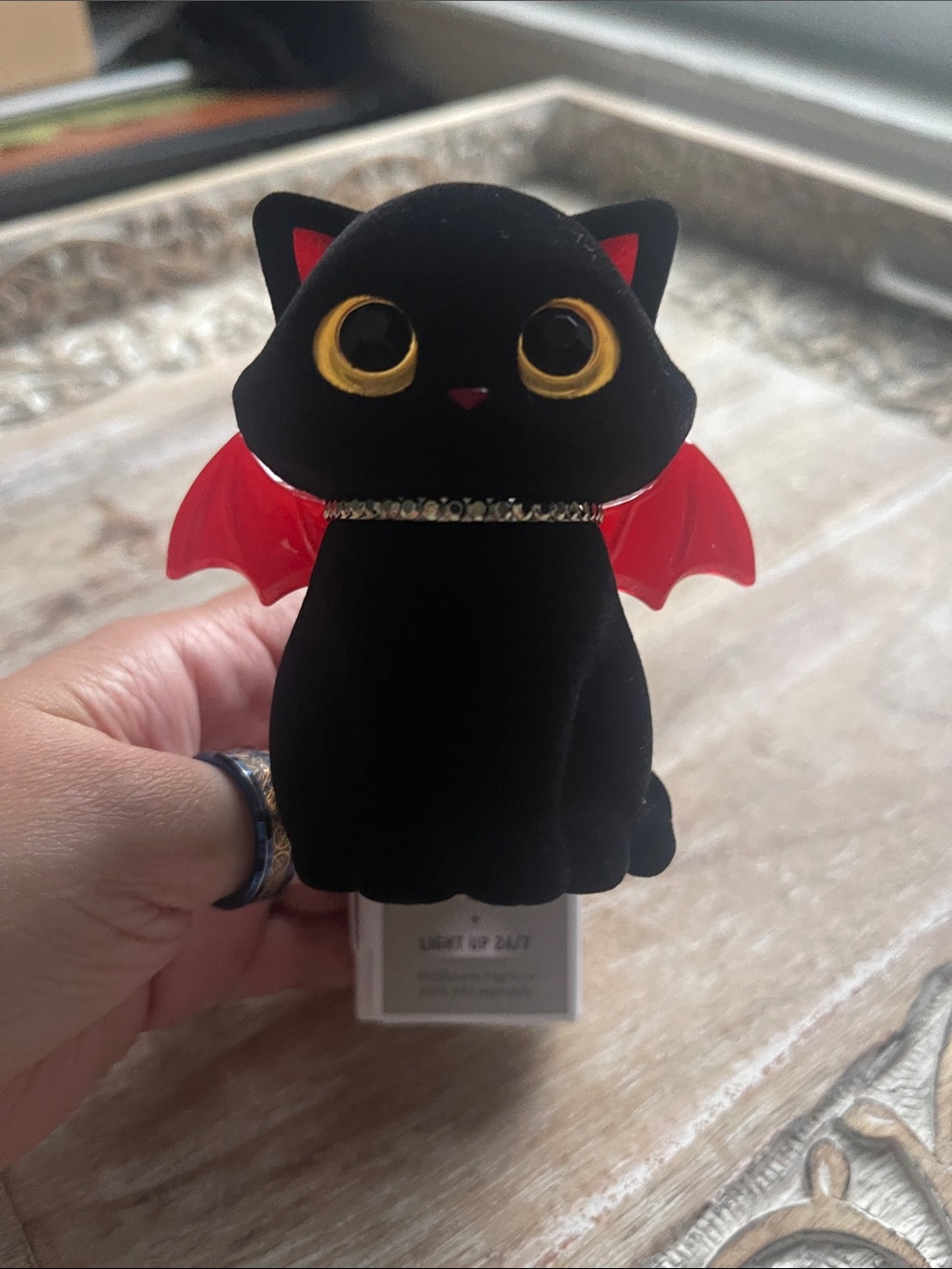 Black Velvet Cat with Red Bat Wings and Rhinestone Collar Wallflower Plug In